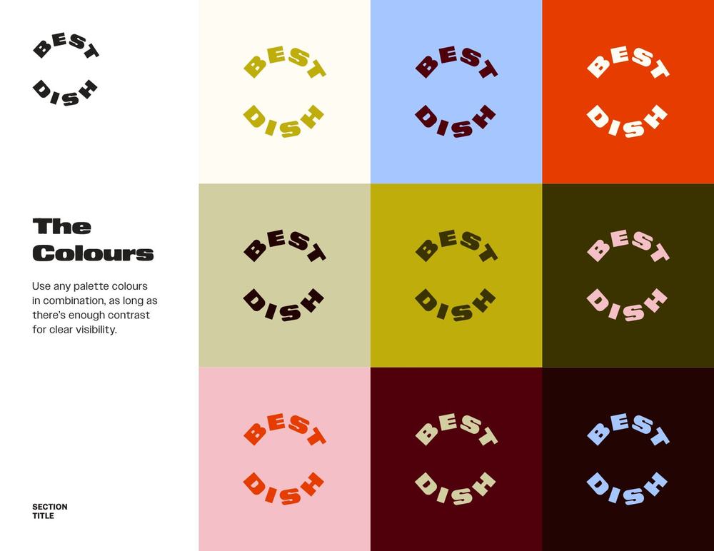 BestDish colour system — cream, blueberry, orange, honeydew, pistachios, kale, shrimp, cherry, gravy