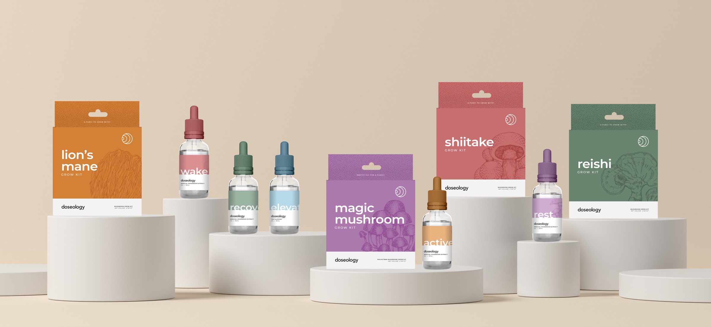 Doseology mushroom supplement product range on sculptural plinths