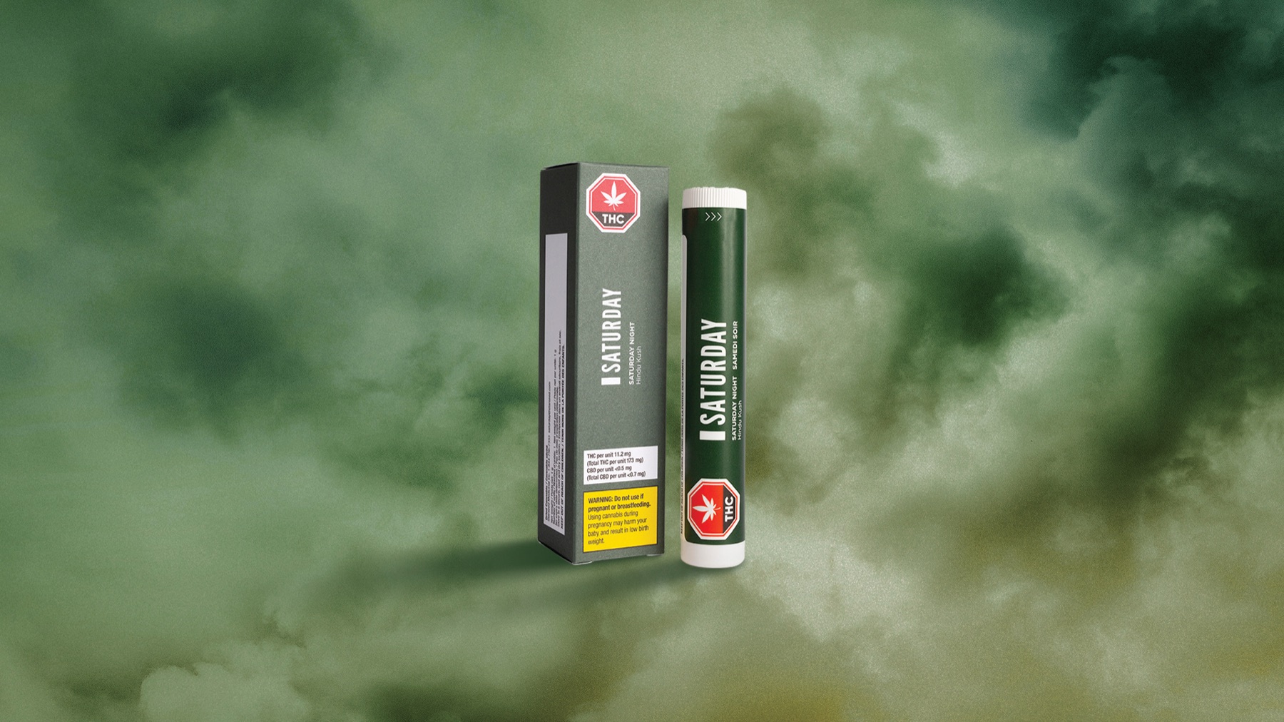 Saturday night cannabis product in deep green smoke