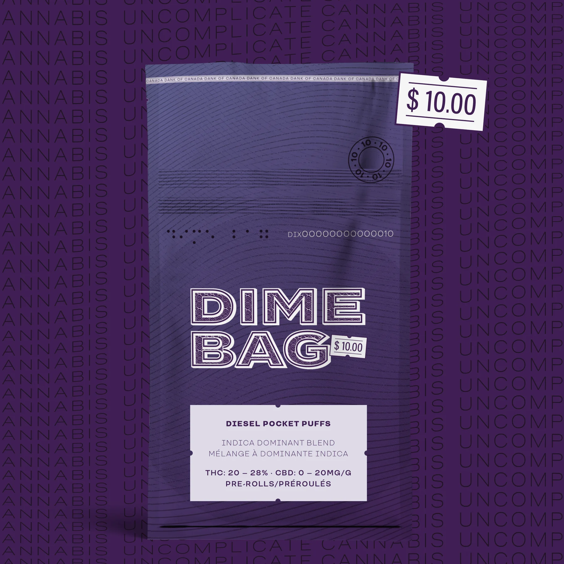 Dime Bag cannabis packaging built around a ten-dollar price