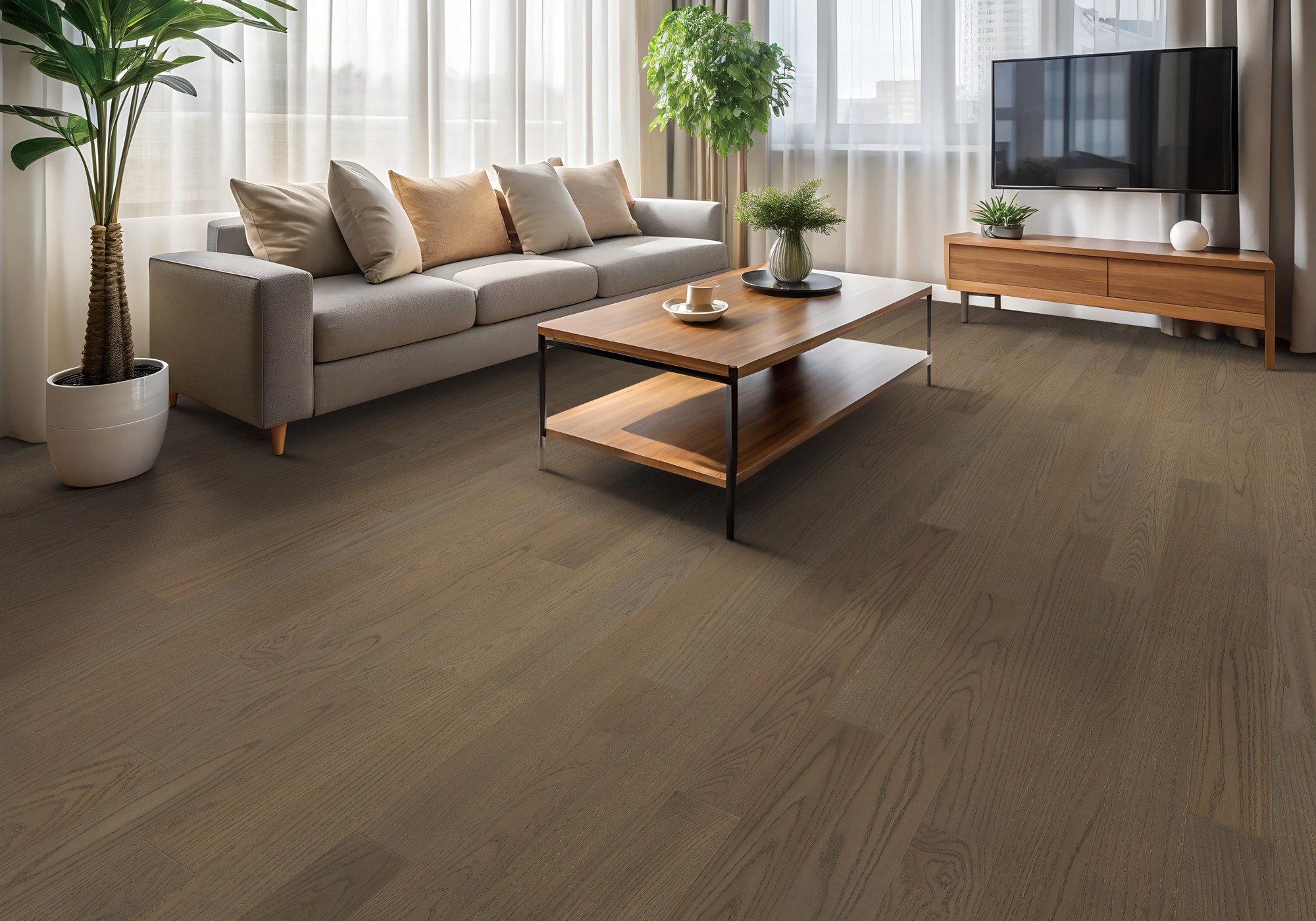Plank and Loom flooring in a warm modern living room