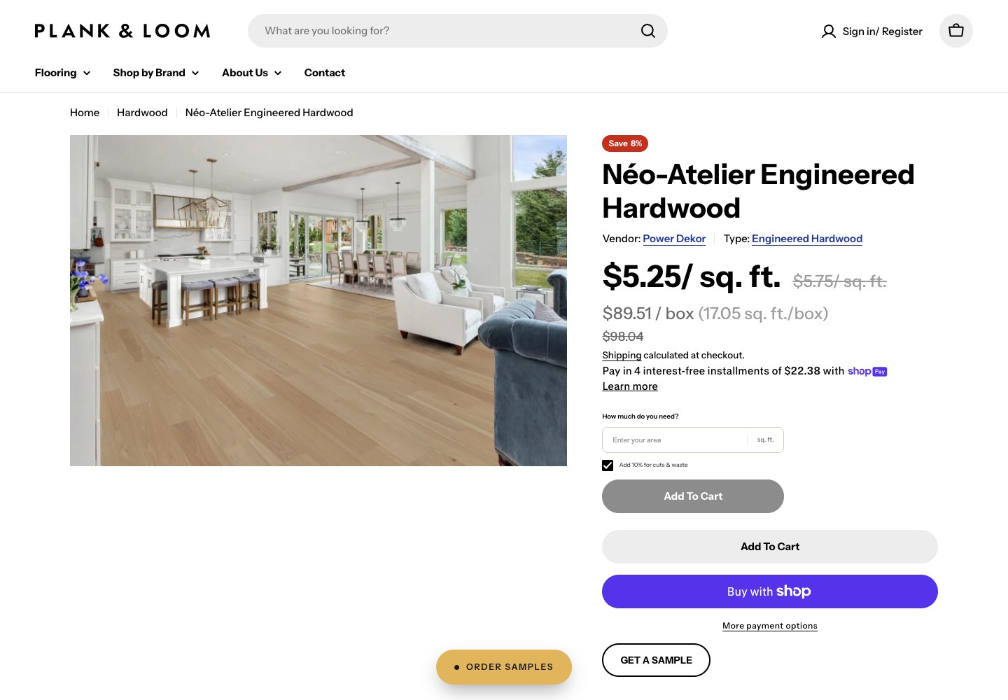 A Plank and Loom product page with square-foot and per-box pricing