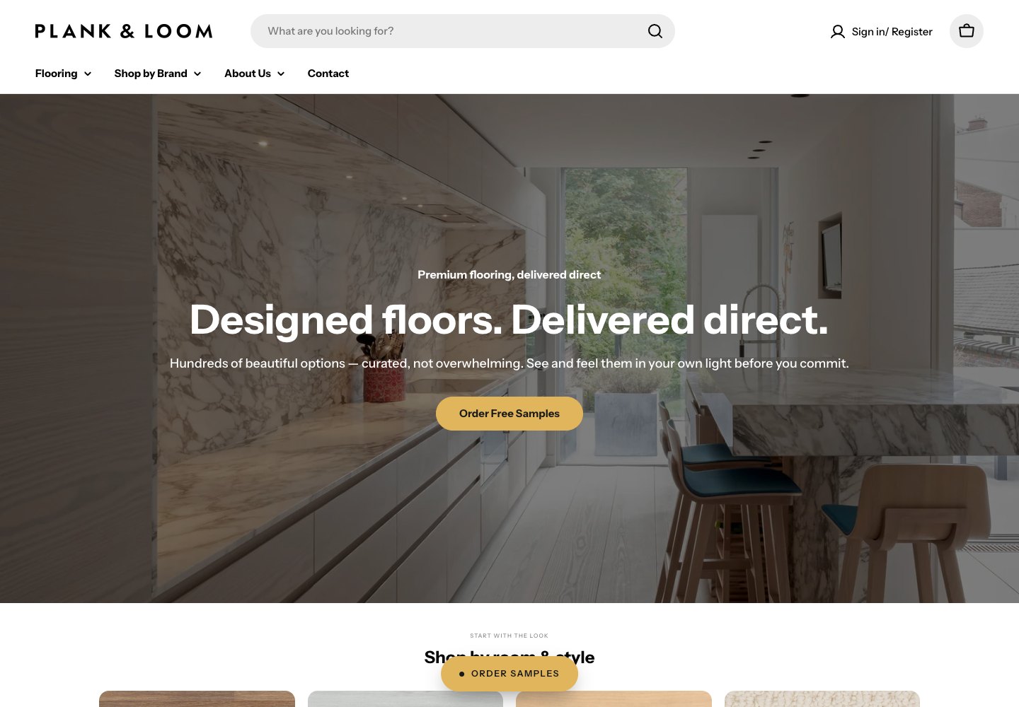 Plank and Loom Shopify homepage leading with free flooring samples