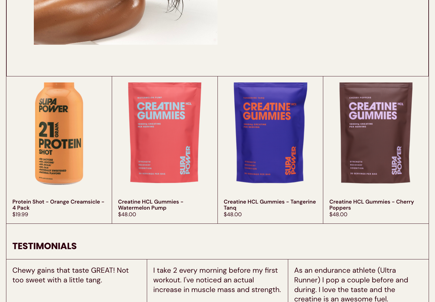 SUPA POWER Shopify product grid and testimonials