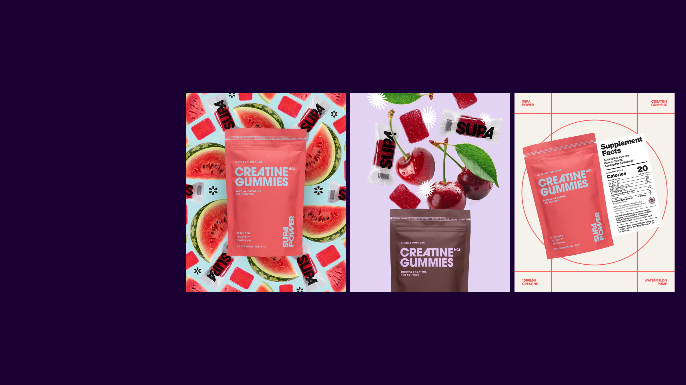 A selection of SUPA POWER social content for watermelon and cherry creatine gummies